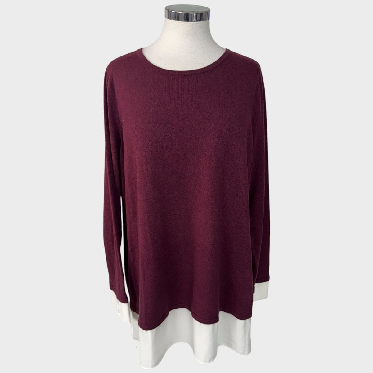 Susan Graver Womens Plus Size 1x 2fer Burgundy Sweater Blouse Hem & Cuffs